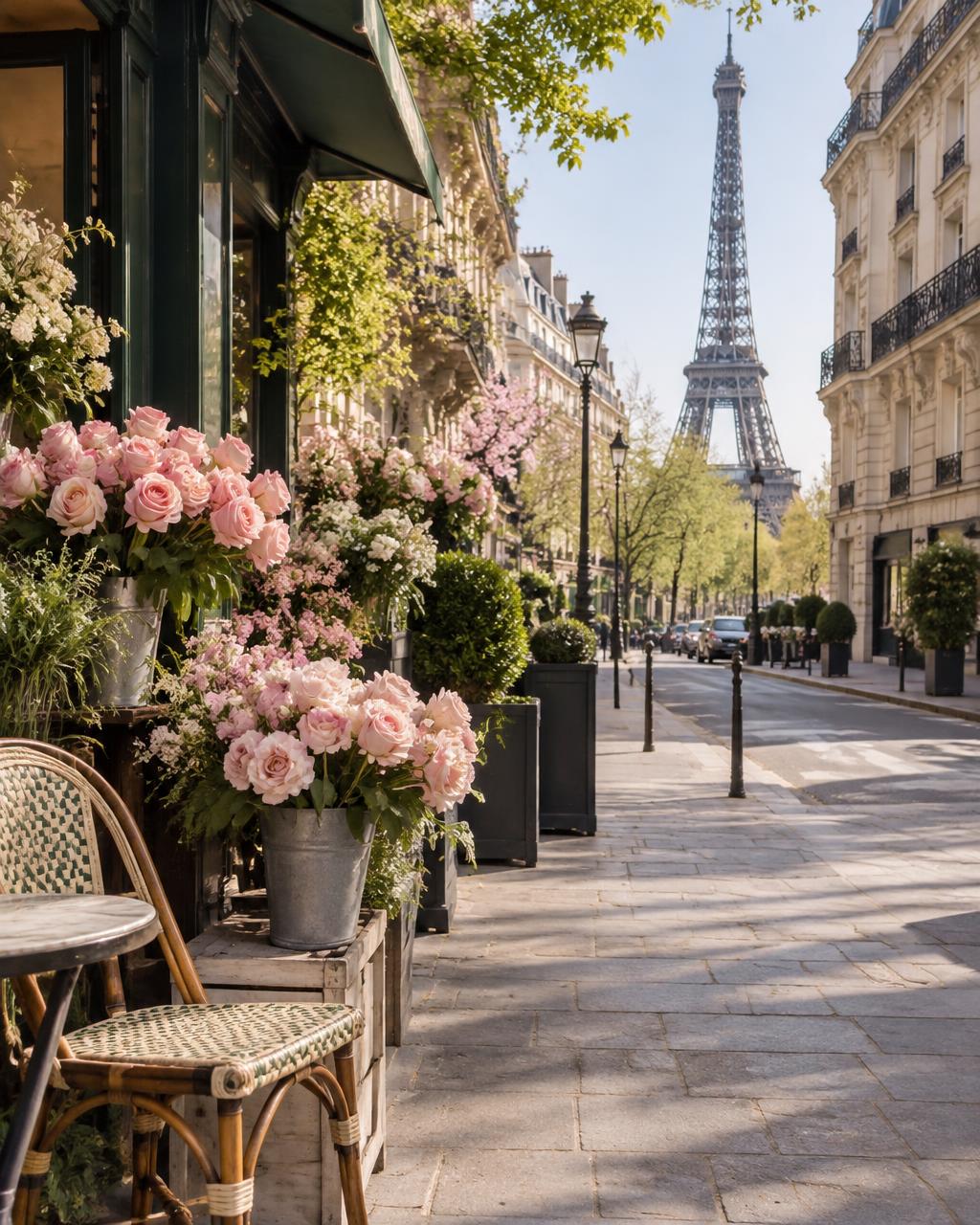 Pink roses on a Parisian street with the Eiffel Tower in the distance